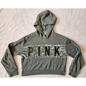 Victoria Secret Fleece Lined Cropped Pullover Sweatshirt Womens M Green Hooded